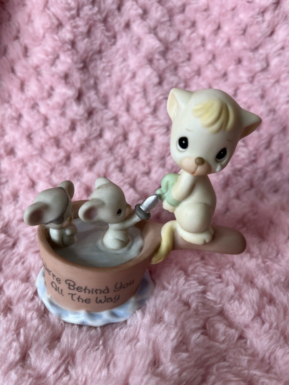 Precious Moments Pink and Cream Cat & Mice Figurine with Teacup
